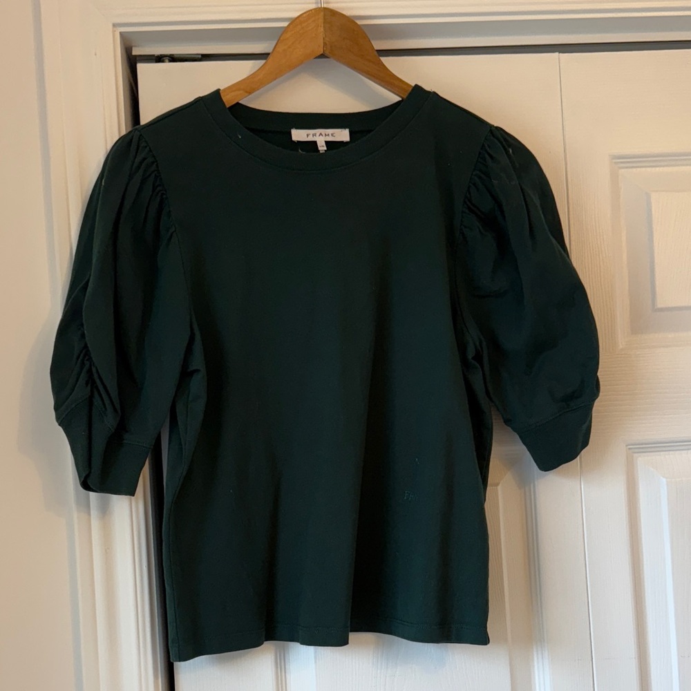 Frame Denim Forest Green Puff Sleeve Top